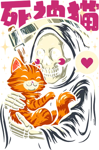 Grim Reaper Loves Cute Cat - cat, grim, grim reaper, cats, cute, cute cat, humor, gothic, japan, japanese, anime, funny, animal, geek, aesthetic, illustration, love, skull, skeleton
